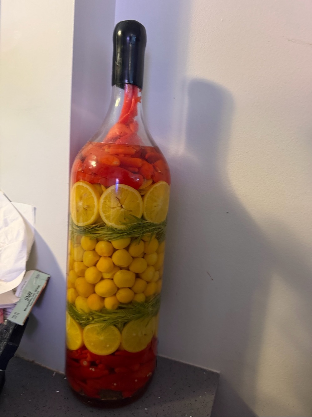 Decorative Layered Glass Bottle Yellow Red Accents kitchen tabletop vibrant